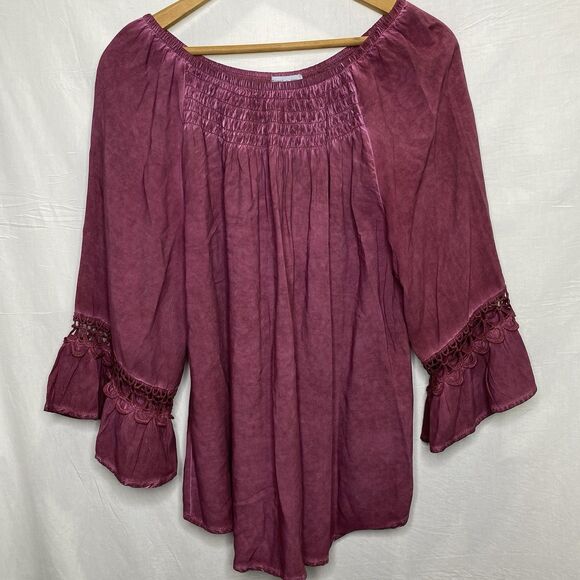 Floral & Ivy Blouse Smocked Neck Crochet Sleeve Tunic Flowy Womens Sz L Red Wine - Picture 2 of 10
